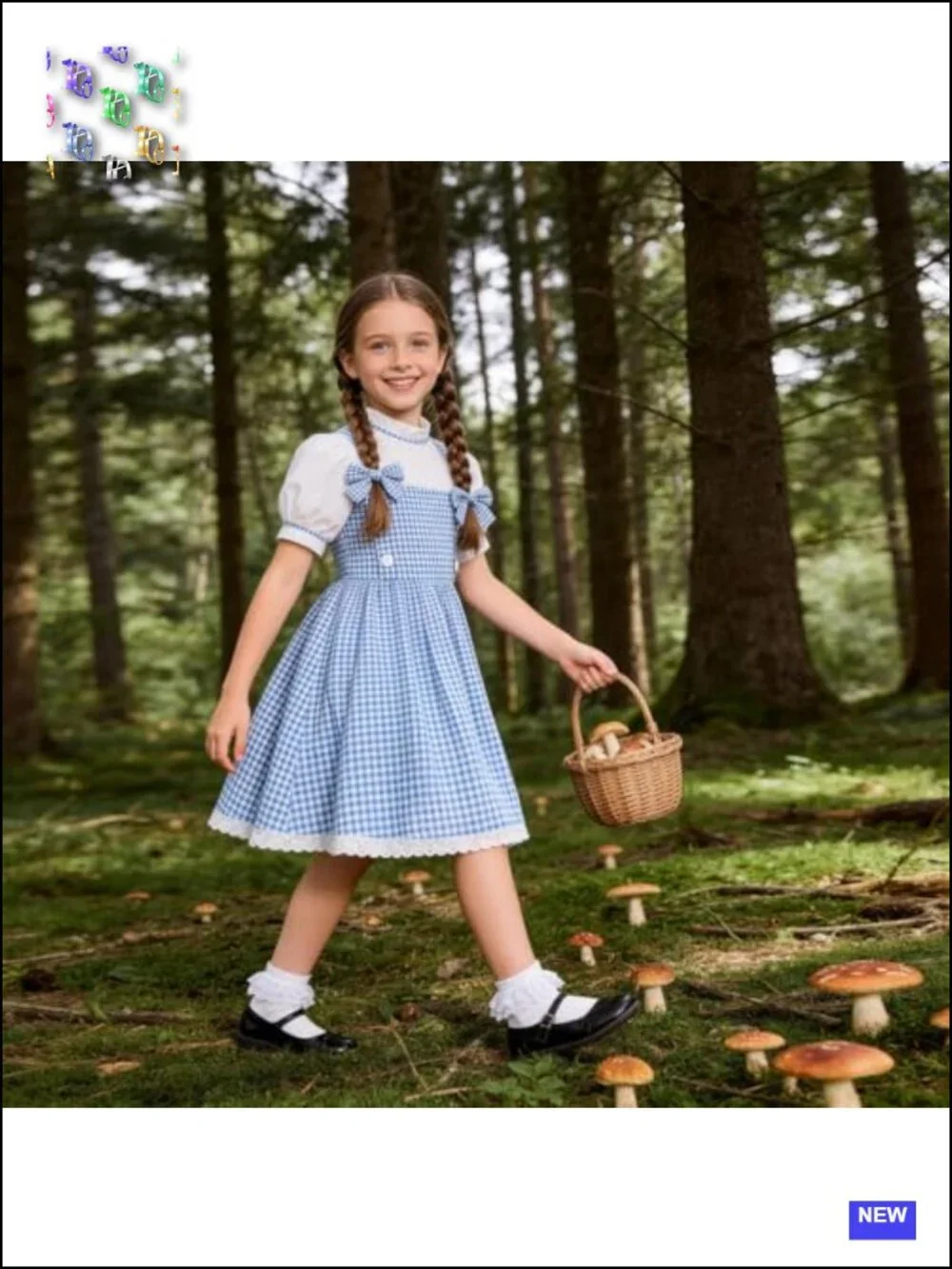 Kids Book Character Plaid Bubble Sleeve Dress Costume with Socks & Hair Bows